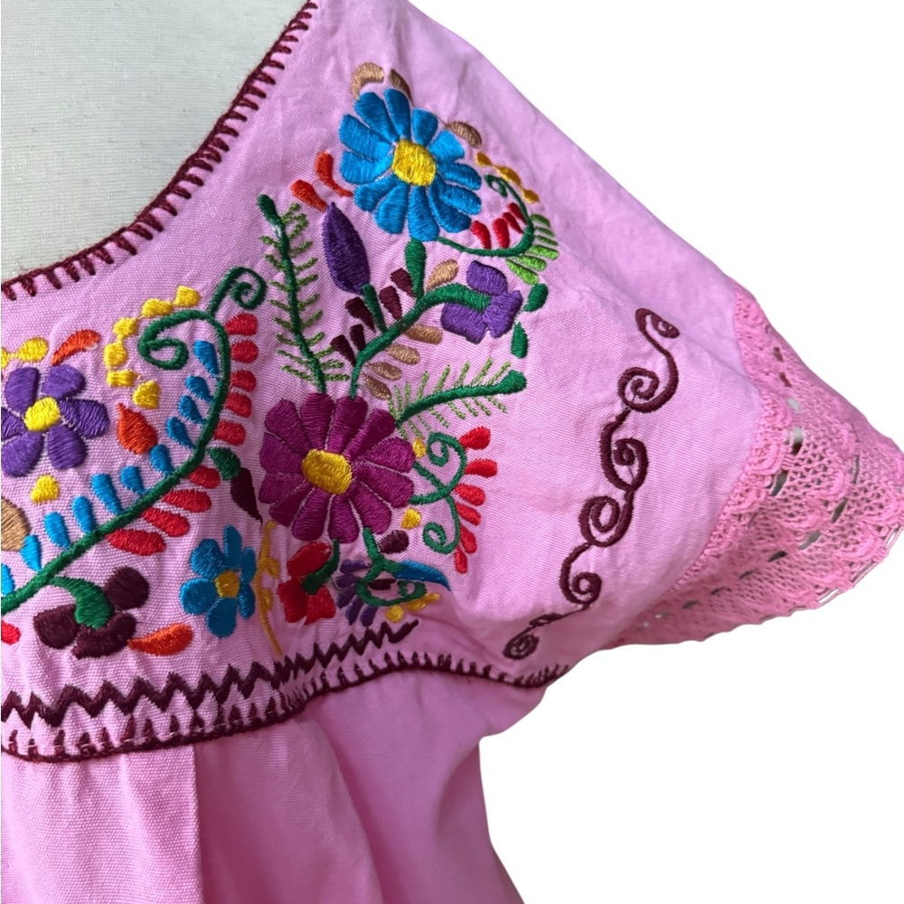 Vintage Mexican Cotton Canvas Crochet Lace Sleeves Embroidered Peasant Top‎ - Picture 5 of 8